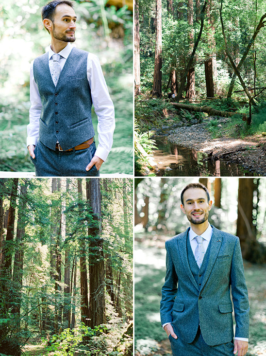 Groom in teal suit amidst redwood forest