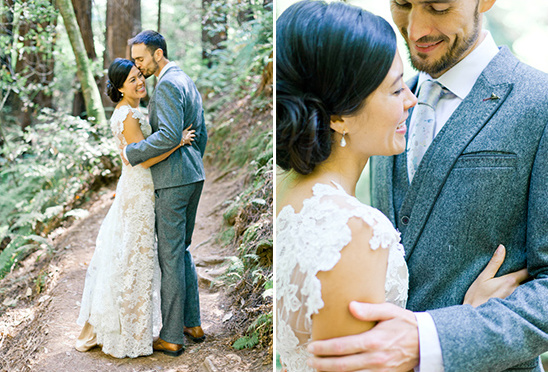 Happy bride and groom hug in a redwood forest wedding