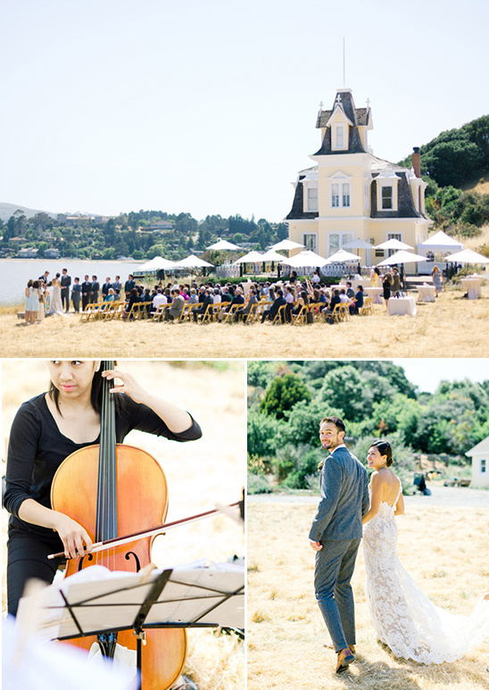 Outdoor wedding ceremony with cello music and happy couple