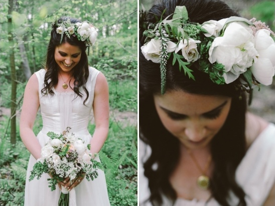 Bride in white dress with flower crown and bouquet