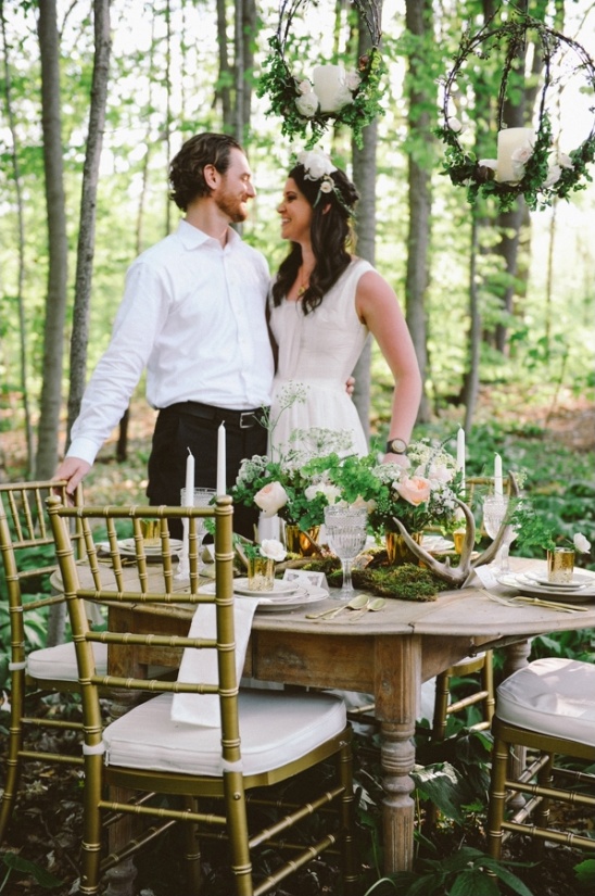 Rustic woodland wedding reception table setting