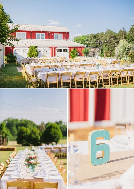 Rustic barn wedding reception table setting