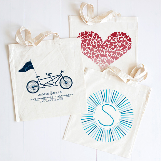 Personalized wedding tote bags with various designs