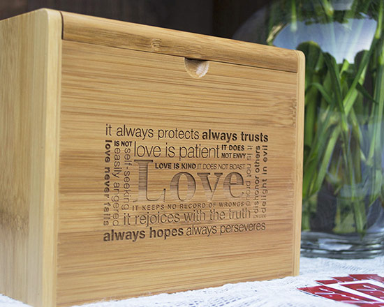 Bamboo box with Love is Patient inscription detail