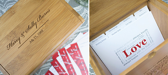 Engraved bamboo recipe box with organized cards inside