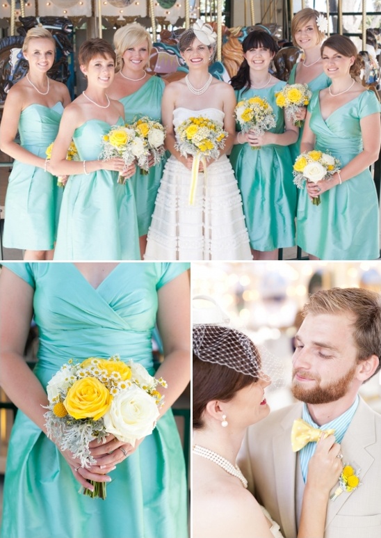 Elegant bride bridesmaids in turquoise yellow bouquet wedding
