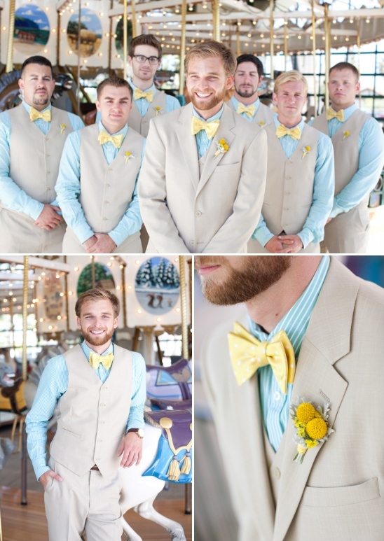 Groom and groomsmen in suits with yellow bow ties