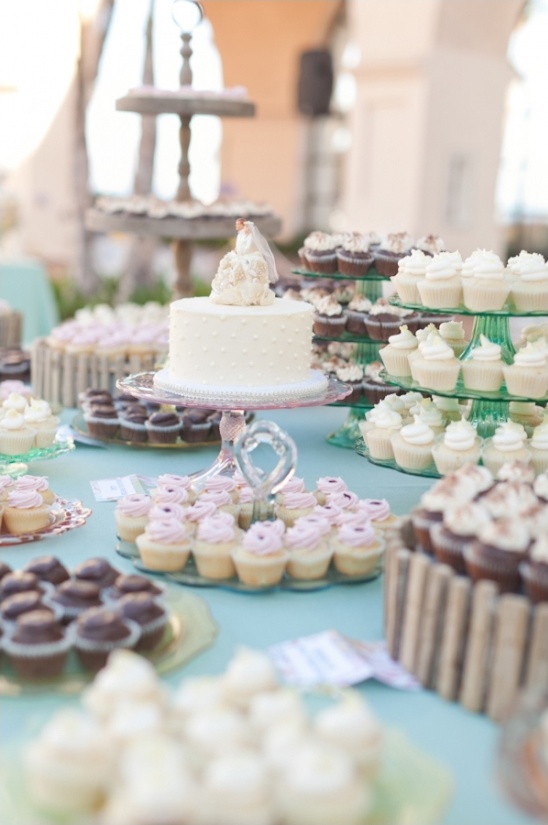 Wedding dessert table with cake and cupcakes