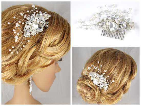 Wedding bridal silver crystal and pearl hair comb