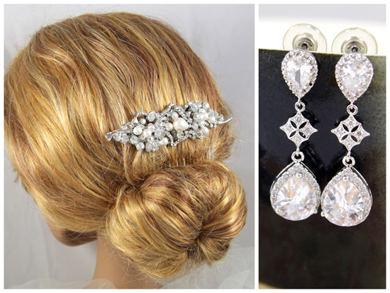Bridal silver hair comb with crystal and pearl, Cubic Zirconia Teardrop Earrings