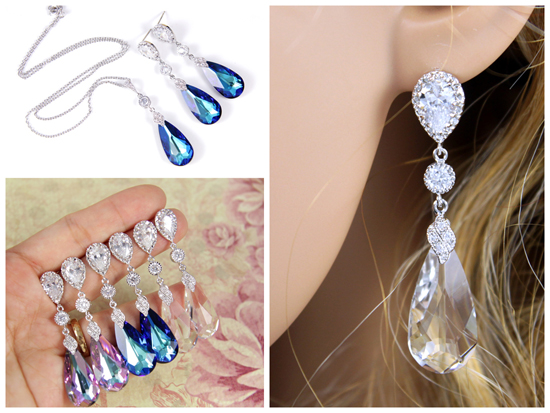 Bermuda Blue Faceted Teardrop Crystal Earrings, Bridal Earrings, Bridesmaid Jewelry, Weddings, Vitrail Light Purple