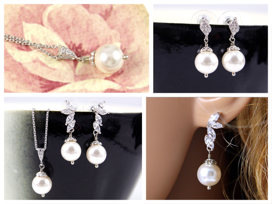 bridal pearl jewelry set, necklace, earrings, cubic zirconia, crystal, weddings