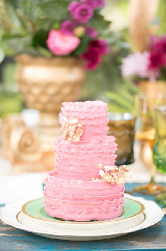 pink and gold ruffle wedding cake by the sugar suite