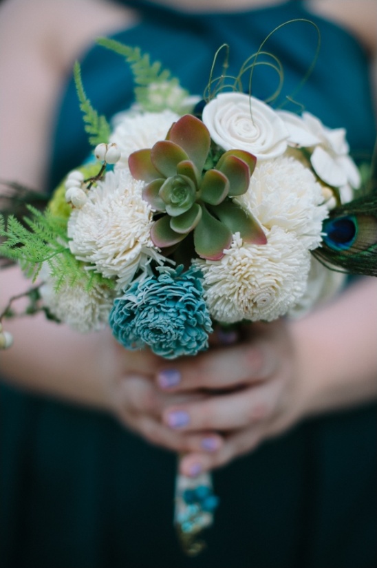 blue and white bridesmaid bouquet with succulents