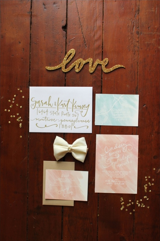 peach, blue and gold wedding invites by thorn + sparrow