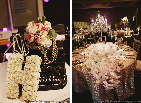 Wedding decor with floral letter, vintage typewriter, and reception table