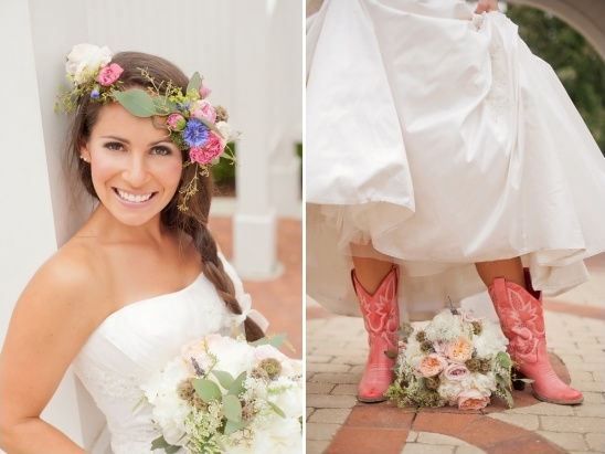 Bride in dress flower crown pink cowboy boots bouquet