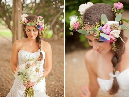 Bride with flower crown and bouquet outdoors