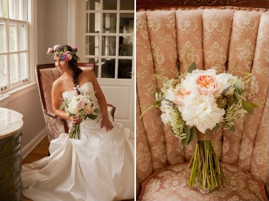 Bride in gown with floral crown holding bouquet