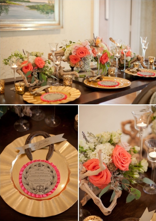 Elegant table setting with roses gold chargers and driftwood