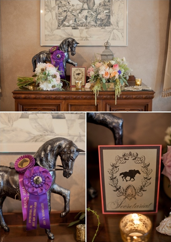 Equestrian themed wedding reception decor with horse statue