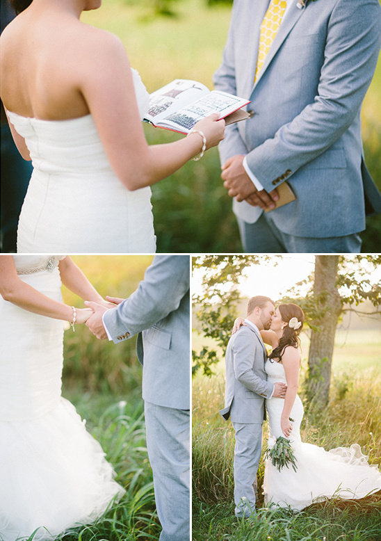 Outdoor wedding ceremony and romantic couple's kiss
