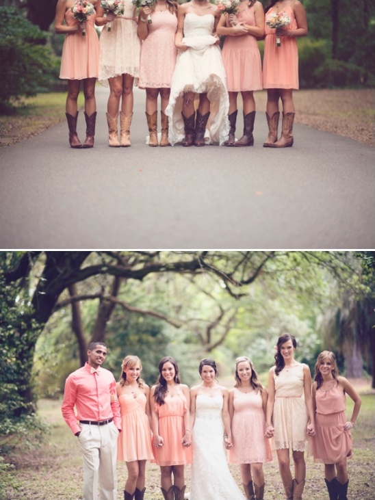 peach bridesmaid dresses and cowboy boots