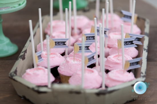 Pink frosted cupcakes with decorative flags and sticks
