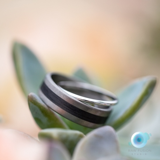Wedding rings placed on succulent leaf closeup