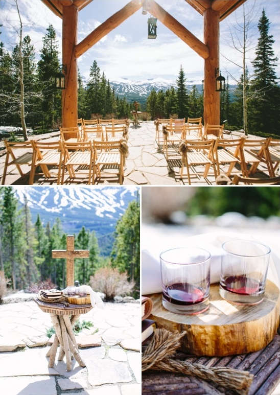Mountaintop wedding ceremony with rustic wooden details