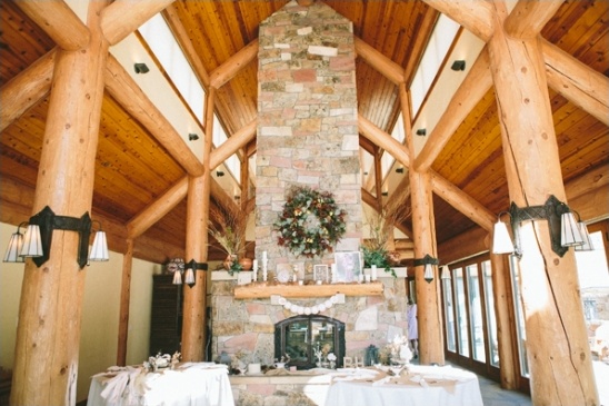 Log cabin fireplace with festive decor