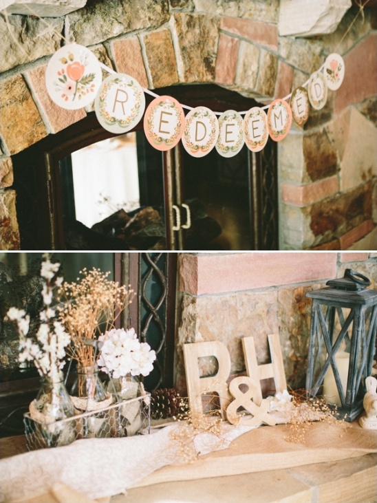 Rustic wedding decor with Redeemed banner and initials
