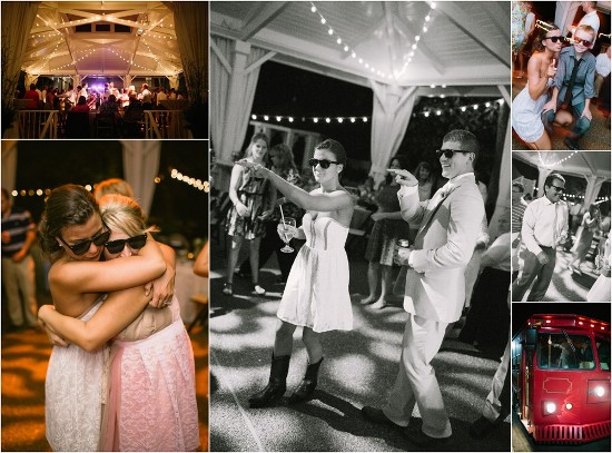 Wedding party guests dance and embrace at a fun celebration