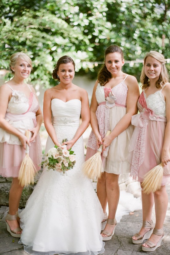 Bride and bridesmaids in pink dresses and wedge heels