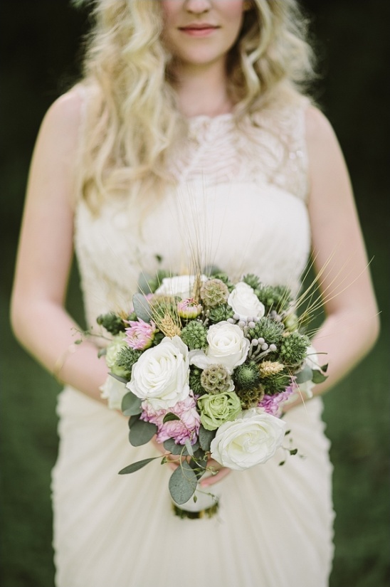 green, white and pink wedding bouquet