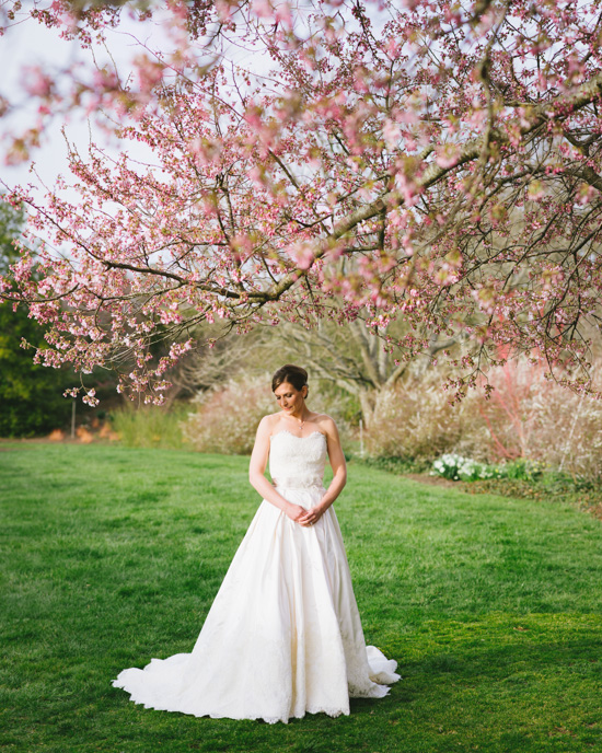 Bride in elegant wedding dress under cherry blossoms