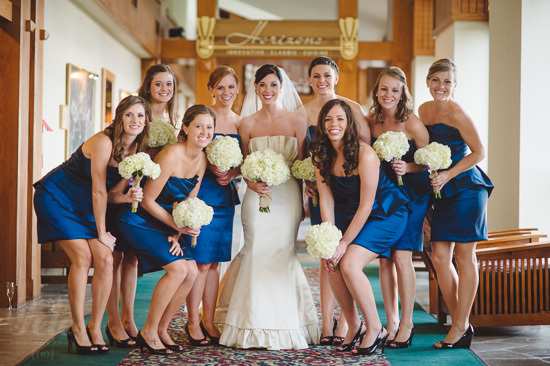 Bride and bridesmaids in blue dresses with bouquets
