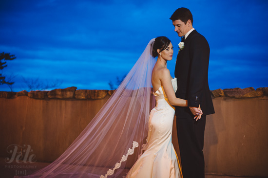 Bride and groom hold hands at twilight wedding