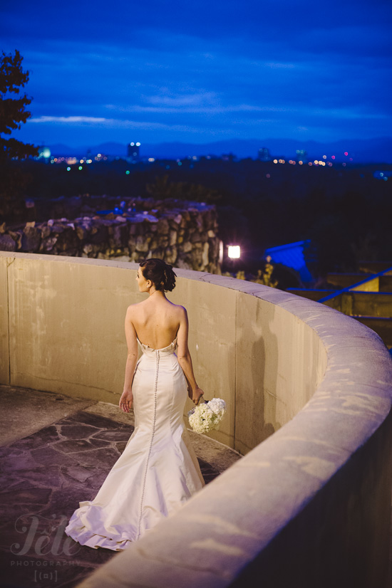 Bride in wedding dress, city night view backdrop