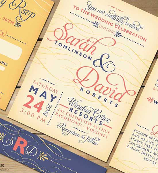 Sarah and David's ornate vintage wedding invitation suite