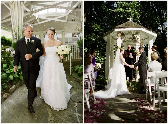 Bride walks down aisle with father, wedding ceremony