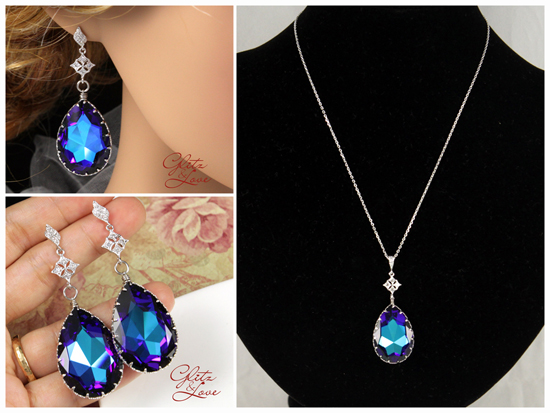 Swarovski Heliotrope Crystal Earrings and Necklace for Weddings