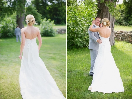 Bride in white dress, first look, outdoor wedding
