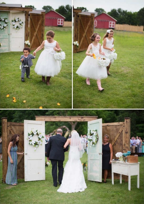 Rustic wedding ceremony with bride and flower girls