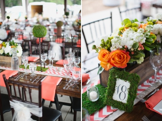 Coral chevron table setting with floral centerpieces
