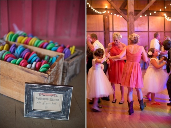 Wedding guests dance with colorful flip flops available