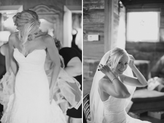 Bride getting ready on her wedding day black and white