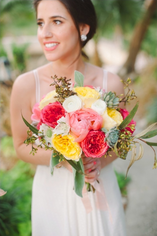 coral, yellow and pink wedding bouquet by fh weddings & events