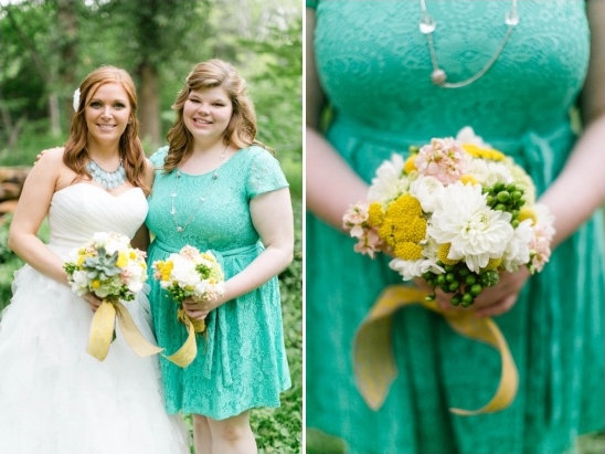Bride and bridesmaid in teal dress with bouquets
