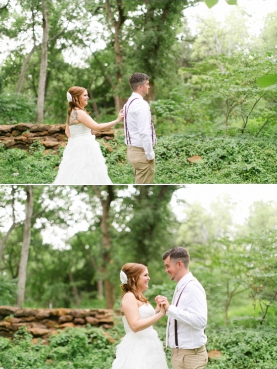 Bride and groom's first look in the woods